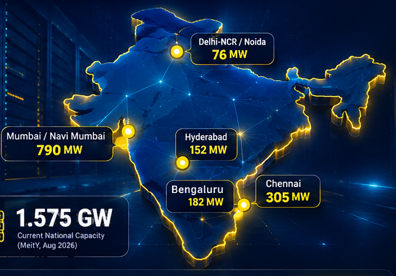 India data center market map showing Delhi-NCR, Mumbai, Hyderabad, Bengaluru and Chennai hubs